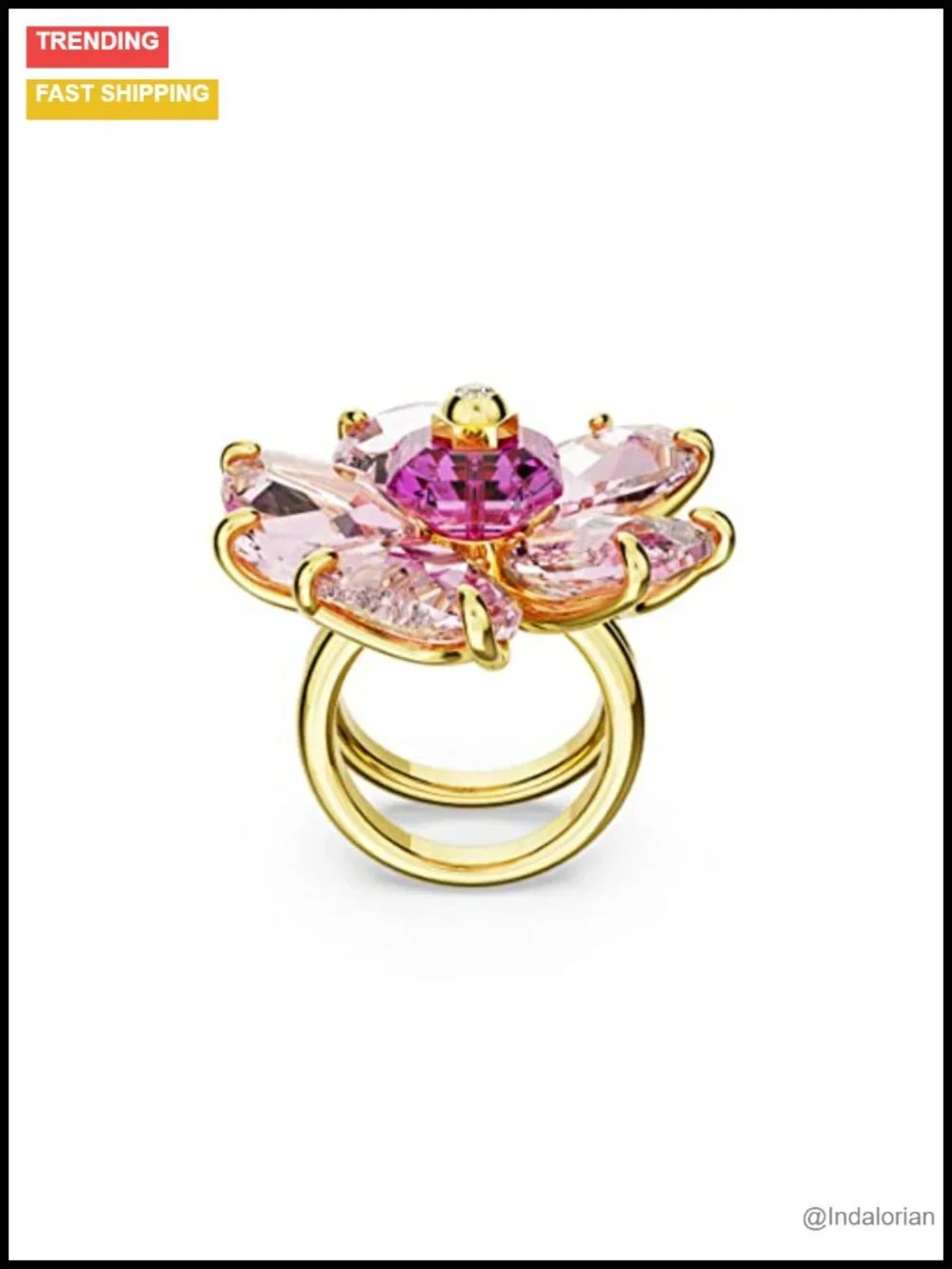 Swarovski Crystal Flower Cocktail Ring Gold-Tone Double Band